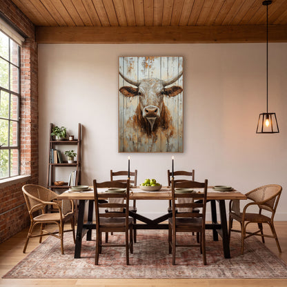 Whitewashed Plank Longhorn Face Rustic wall art in a rustic western-style room – front-facing longhorn steer
