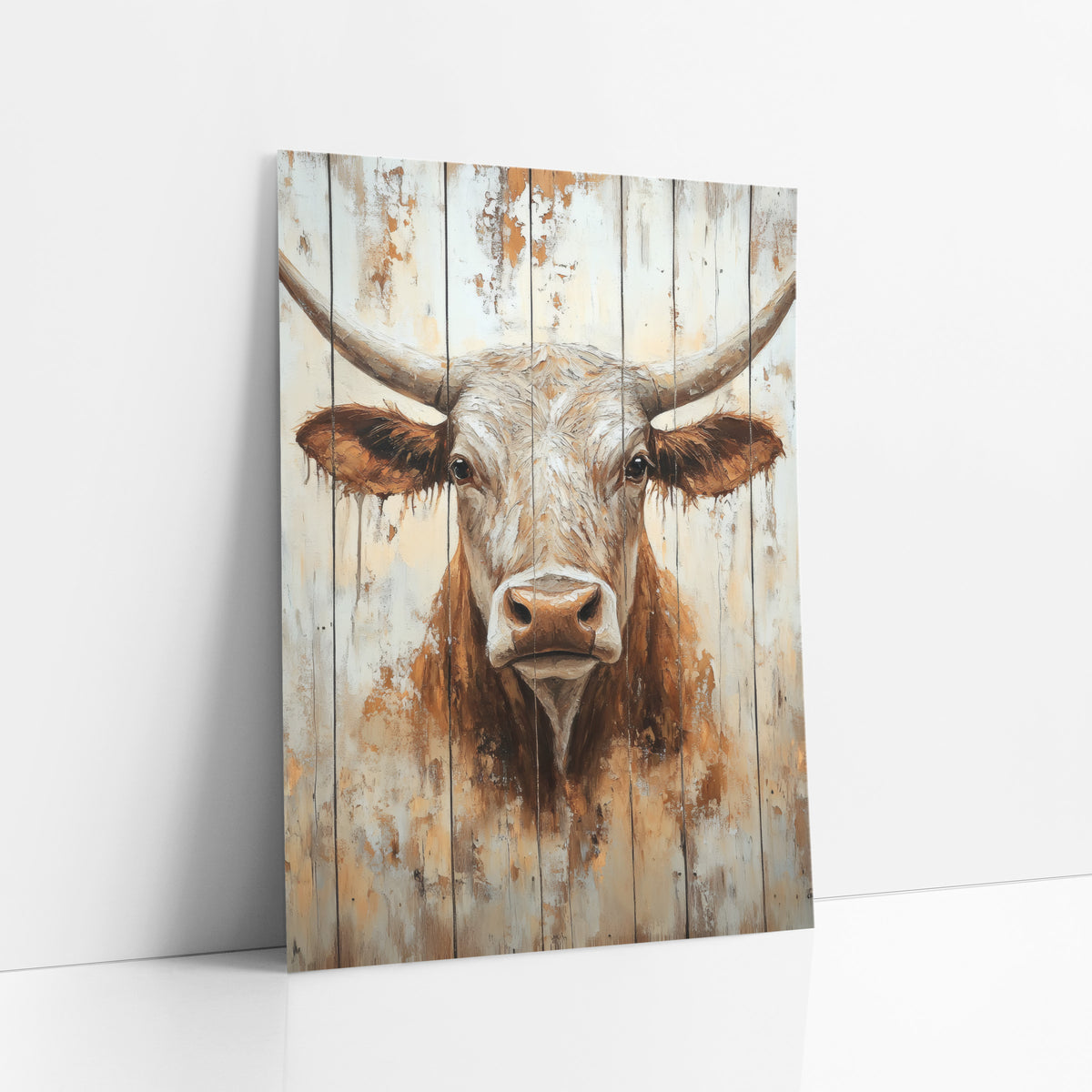 Whitewashed Plank Longhorn Face Rustic art print leaning against a white wall – front-facing longhorn steer with sweeping