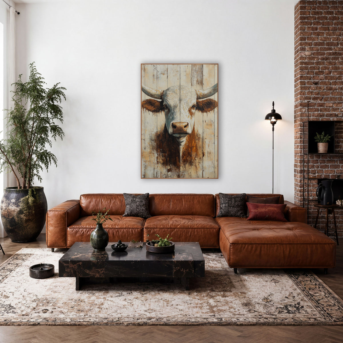 Brown Longhorn Dripping Ears Rustic wall art in a rustic western-style room – front-facing white and rust-brown