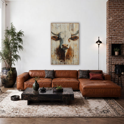 Brown Longhorn Dripping Ears Rustic wall art in a rustic western-style room – front-facing white and rust-brown