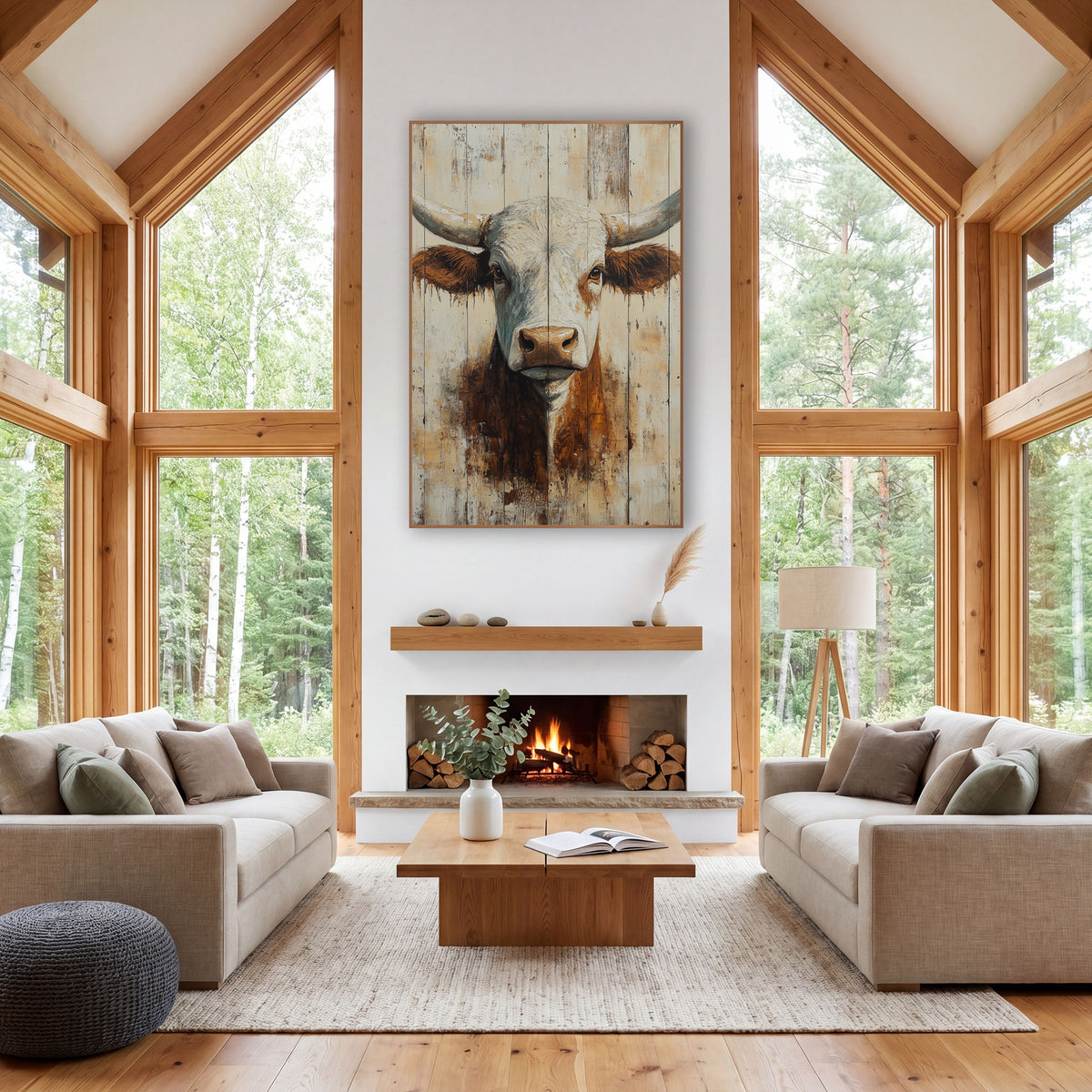 Brown Longhorn Dripping Ears Rustic wall art in a rustic western-style room – front-facing white and rust-brown
