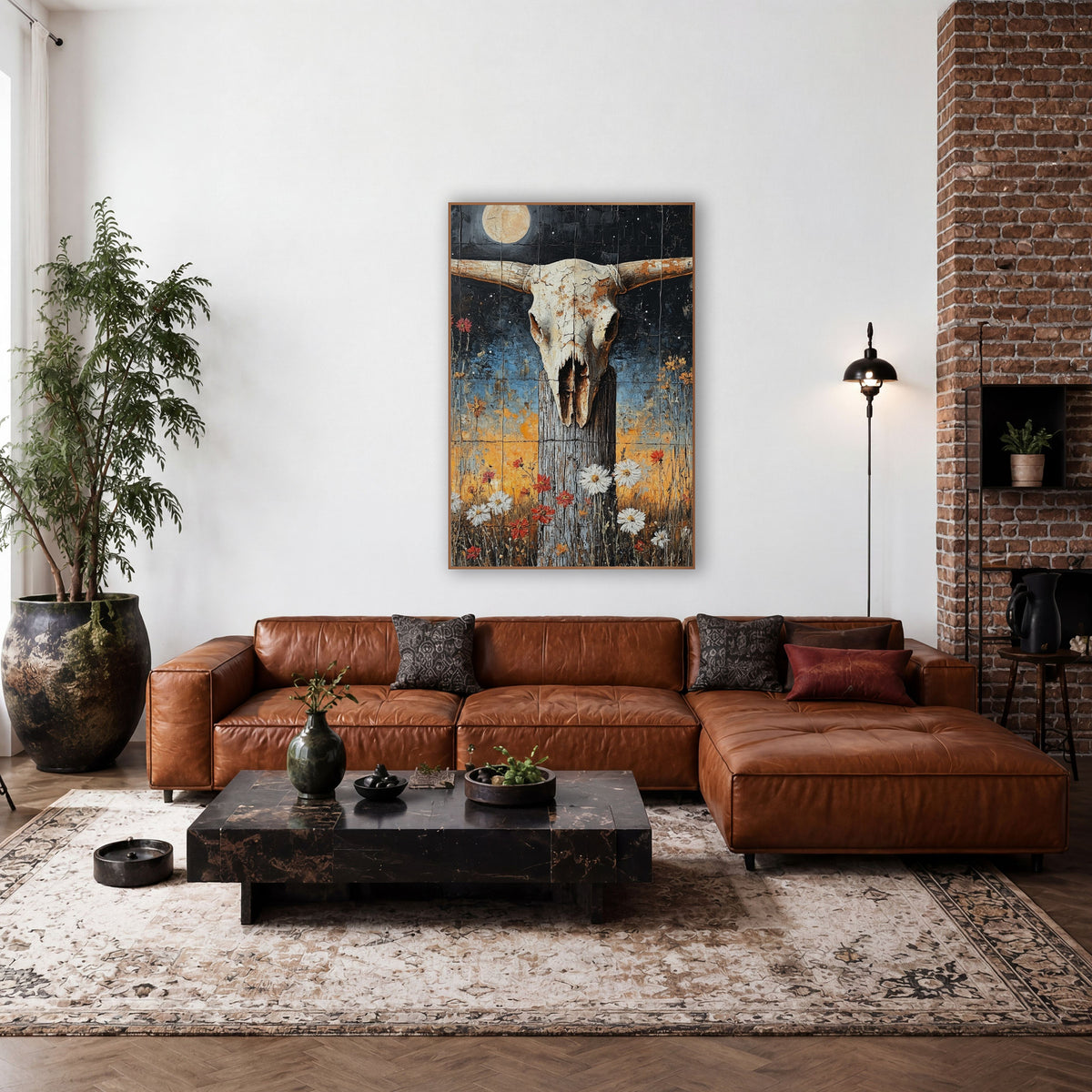 Longhorn Skull Moonlit Prairie Western wall art in a rustic western-style room – longhorn skull on a weathered fence
