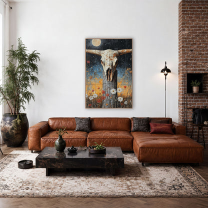 Longhorn Skull Moonlit Prairie Western wall art in a rustic western-style room – longhorn skull on a weathered fence