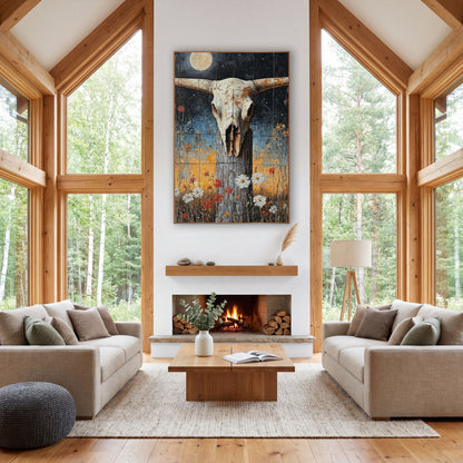 Longhorn Skull Moonlit Prairie Western wall art in a rustic western-style room – longhorn skull on a weathered fence