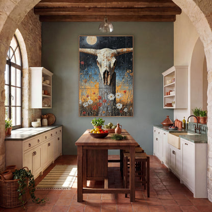 Longhorn Skull Moonlit Prairie Western wall art in a rustic western-style room – longhorn skull on a weathered fence