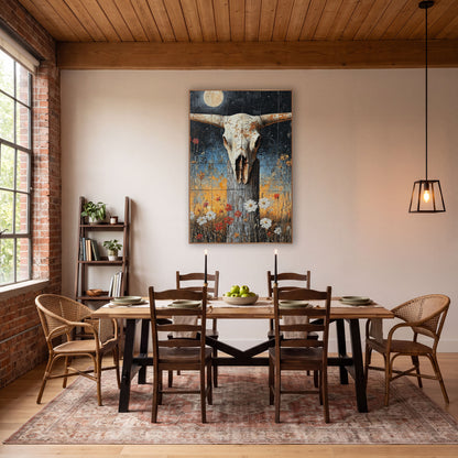 Longhorn Skull Moonlit Prairie Western wall art in a rustic western-style room – longhorn skull on a weathered fence
