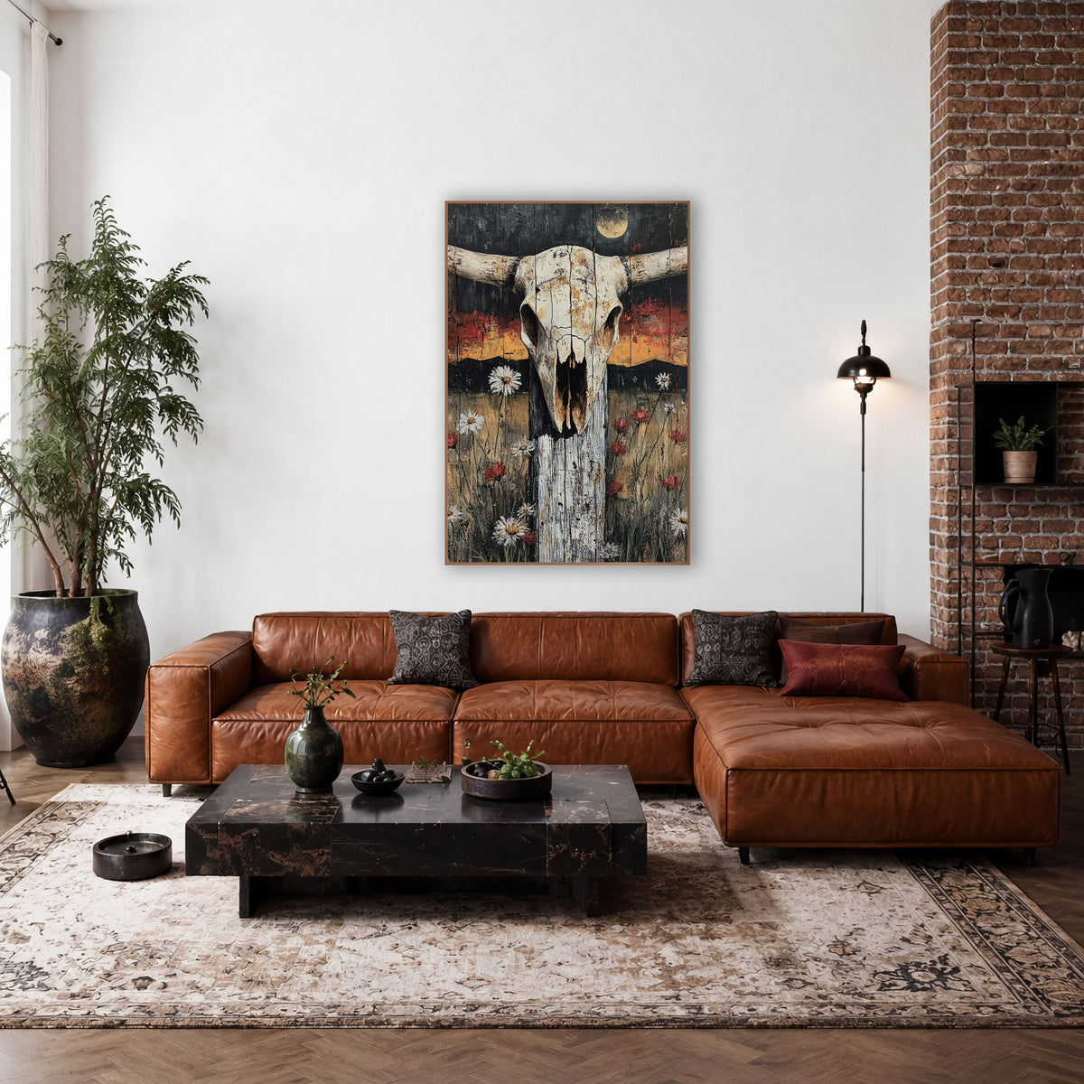 Longhorn Skull Fence Post Western wall art in a rustic western-style room – longhorn skull on a weathered fence post