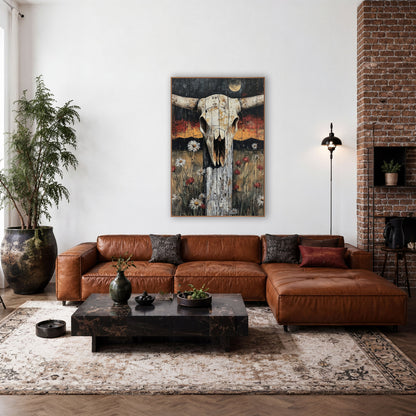 Longhorn Skull Fence Post Western wall art in a rustic western-style room – longhorn skull on a weathered fence post