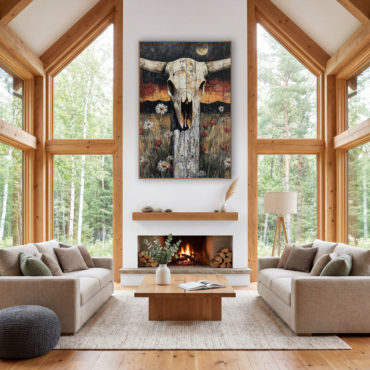 Longhorn Skull Fence Post Western wall art in a rustic western-style room – longhorn skull on a weathered fence post