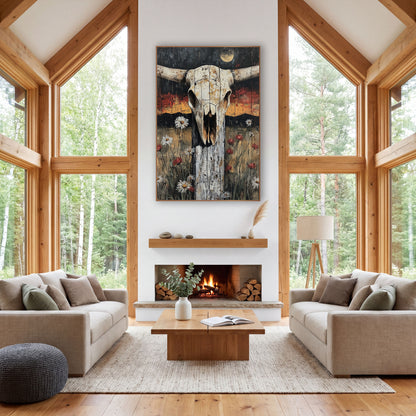 Longhorn Skull Fence Post Western wall art in a rustic western-style room – longhorn skull on a weathered fence post