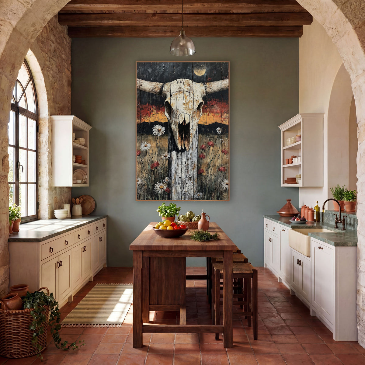 Longhorn Skull Fence Post Western wall art in a rustic western-style room – longhorn skull on a weathered fence post