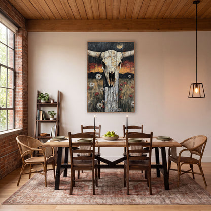 Longhorn Skull Fence Post Western wall art in a rustic western-style room – longhorn skull on a weathered fence post