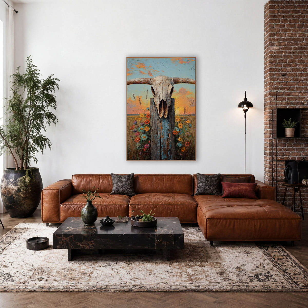 Longhorn Skull Wildflower Western wall art in a rustic western-style room – longhorn skull on a weathered blue-gray