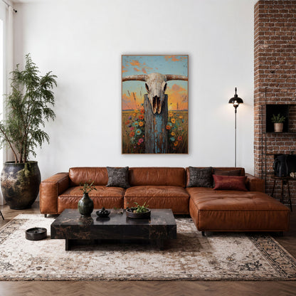 Longhorn Skull Wildflower Western wall art in a rustic western-style room – longhorn skull on a weathered blue-gray