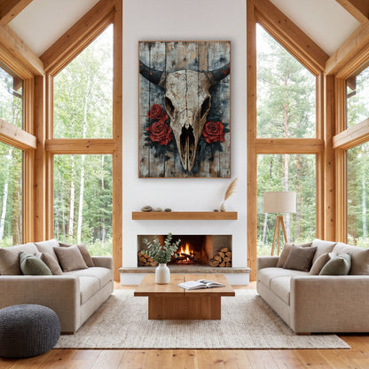 Rustic Longhorn Skull Red Roses wall art in a rustic western-style room – cracked ivory longhorn skull with black