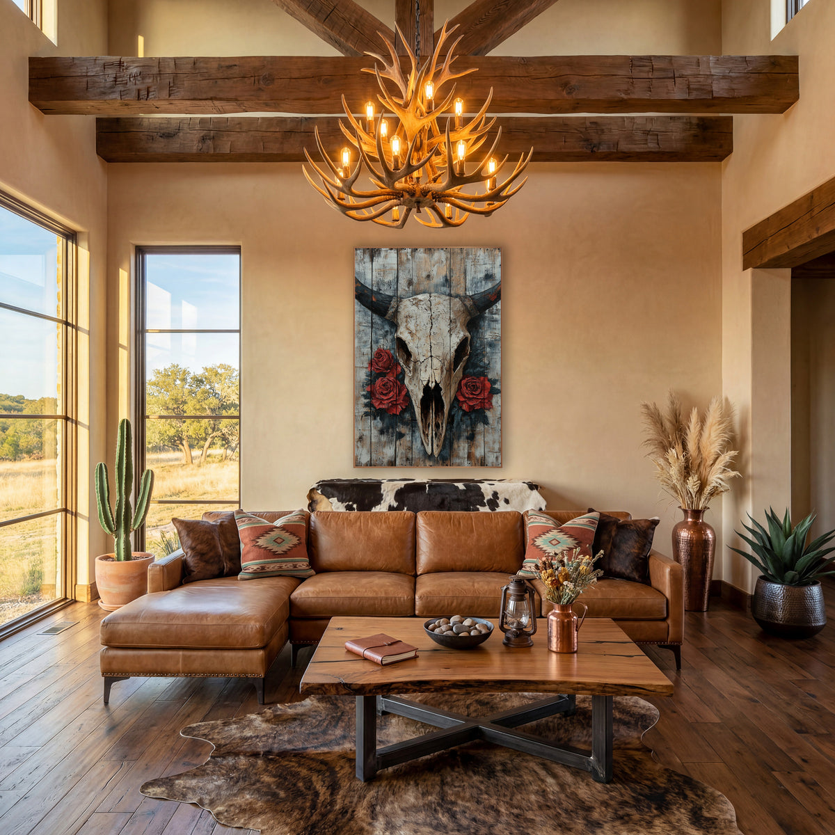 Rustic Longhorn Skull Red Roses wall art in a rustic western-style room – cracked ivory longhorn skull with black