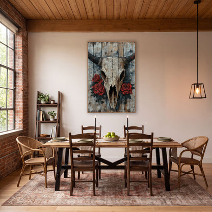 Rustic Longhorn Skull Red Roses wall art in a rustic western-style room – cracked ivory longhorn skull with black
