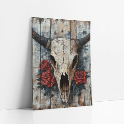 Rustic Longhorn Skull Red Roses art print leaning against a white wall – cracked ivory longhorn skull with black horns