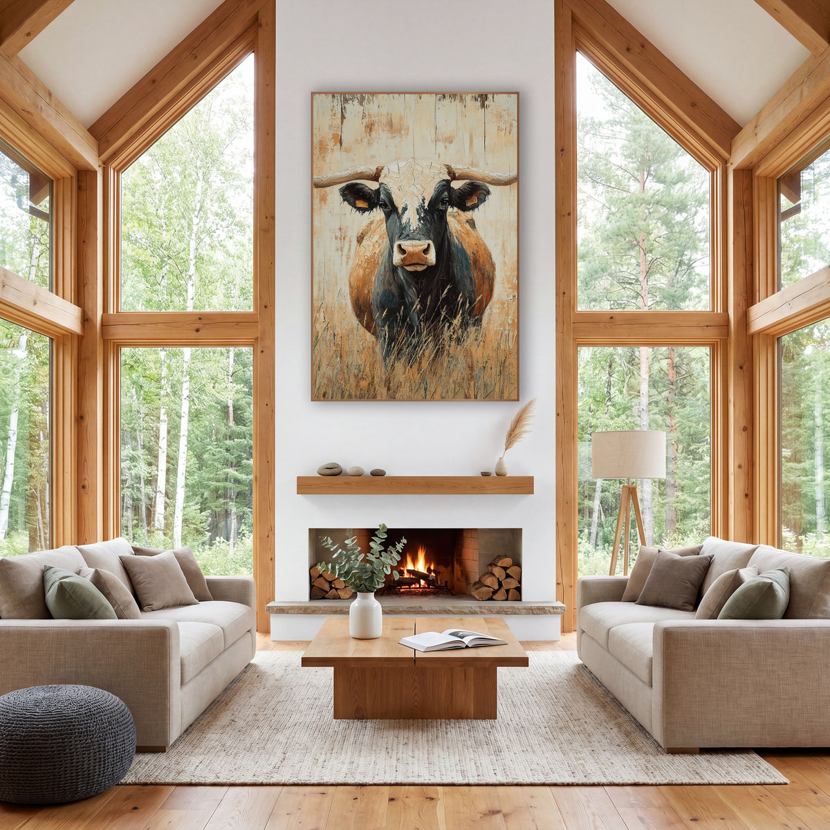 Tagged Longhorn Tall Grass Western wall art in a rustic western-style room – longhorn steer facing forward with wide