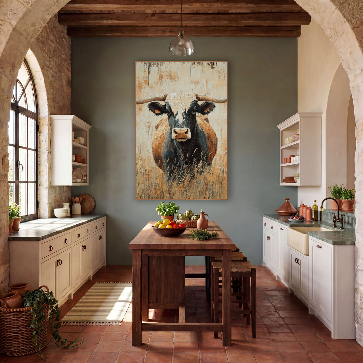 Tagged Longhorn Tall Grass Western wall art in a rustic western-style room – longhorn steer facing forward with wide