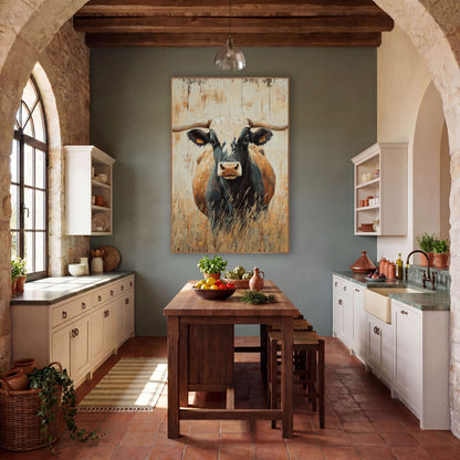 Tagged Longhorn Tall Grass Western wall art in a rustic western-style room – longhorn steer facing forward with wide