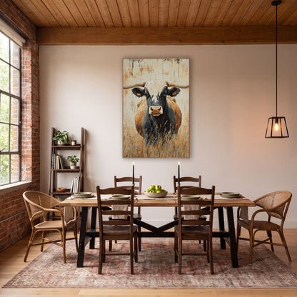 Tagged Longhorn Tall Grass Western wall art in a rustic western-style room – longhorn steer facing forward with wide