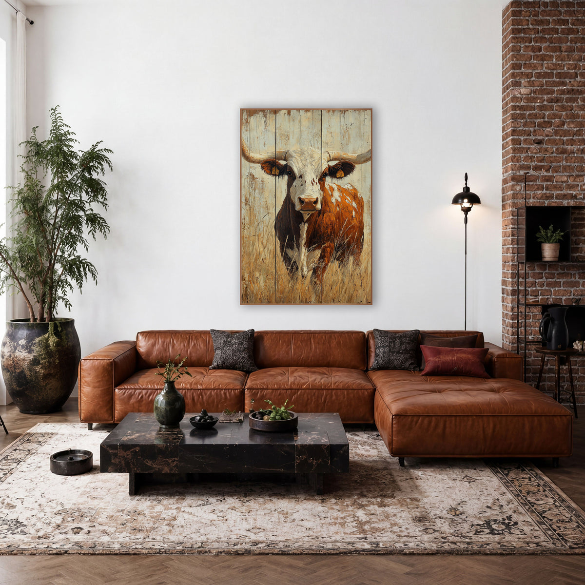 Tagged Longhorn Cream Barnwood Western wall art in a rustic western-style room – longhorn steer with wide curved horns