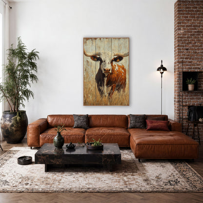 Tagged Longhorn Cream Barnwood Western wall art in a rustic western-style room – longhorn steer with wide curved horns