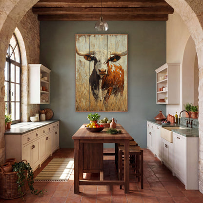 Tagged Longhorn Cream Barnwood Western wall art in a rustic western-style room – longhorn steer with wide curved horns
