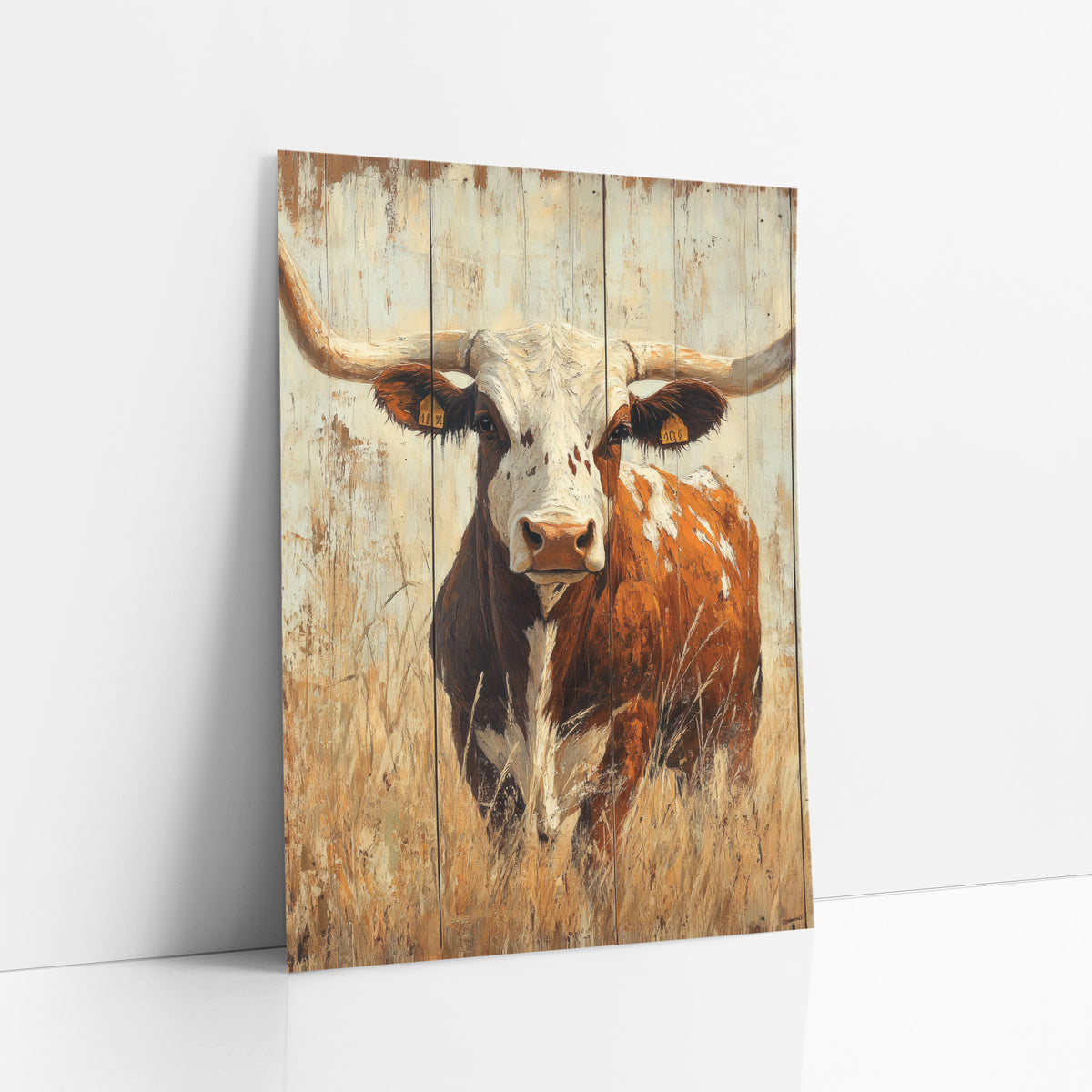 Tagged Longhorn Cream Barnwood Western art print leaning against a white wall – longhorn steer with wide curved horns
