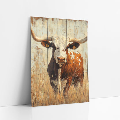 Tagged Longhorn Cream Barnwood Western art print leaning against a white wall – longhorn steer with wide curved horns
