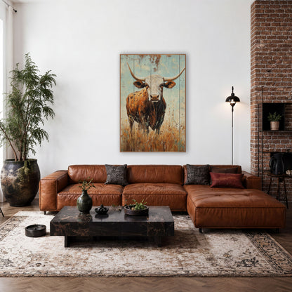 Turquoise Plank Longhorn Steer Rustic wall art in a rustic western-style room – longhorn steer with white face