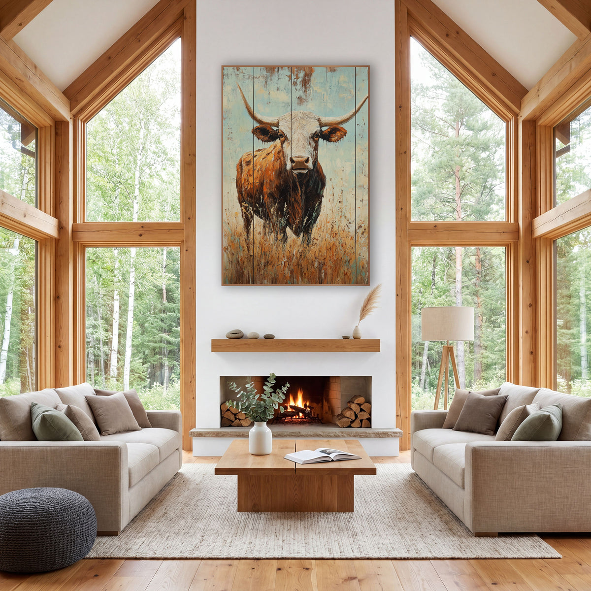 Turquoise Plank Longhorn Steer Rustic wall art in a rustic western-style room – longhorn steer with white face