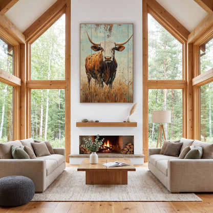 Turquoise Plank Longhorn Steer Rustic wall art in a rustic western-style room – longhorn steer with white face