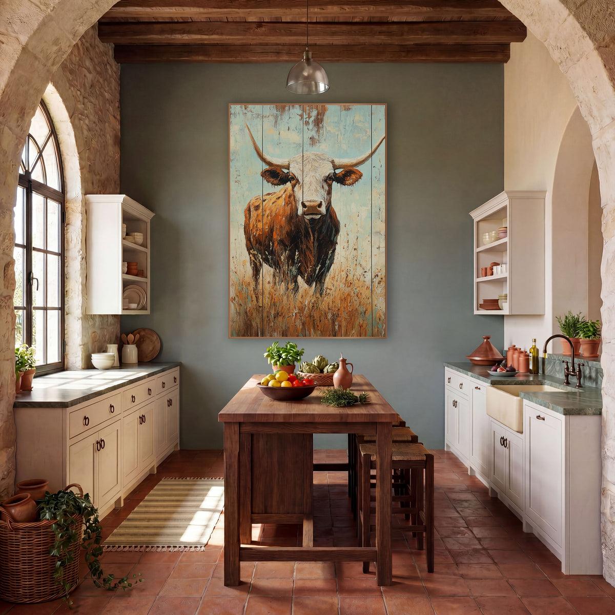 Turquoise Plank Longhorn Steer Rustic wall art in a rustic western-style room – longhorn steer with white face