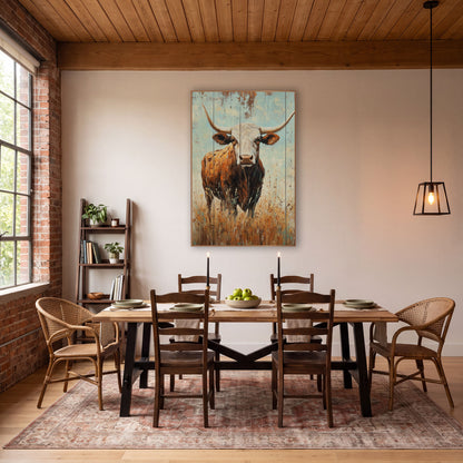 Turquoise Plank Longhorn Steer Rustic wall art in a rustic western-style room – longhorn steer with white face