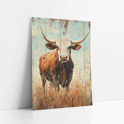 Turquoise Plank Longhorn Steer Rustic art print leaning against a white wall – longhorn steer with white face and long curved