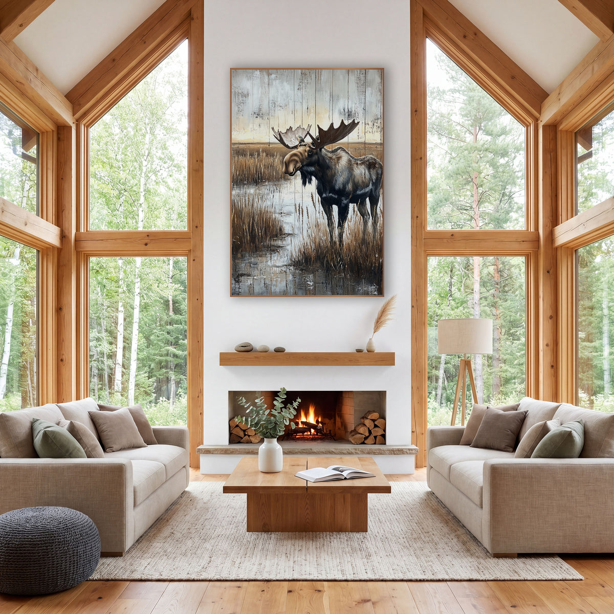Side Profile Moose Wetland Rustic wall art in a rustic western-style room – bull moose with wide antlers standing