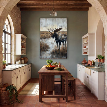 Side Profile Moose Wetland Rustic wall art in a rustic western-style room – bull moose with wide antlers standing