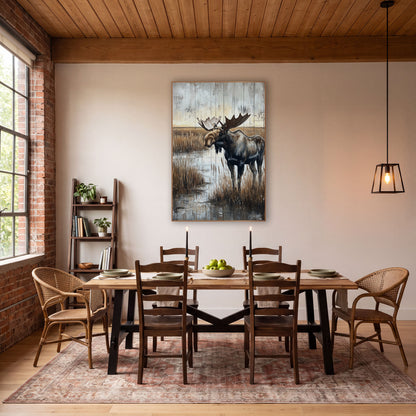 Side Profile Moose Wetland Rustic wall art in a rustic western-style room – bull moose with wide antlers standing
