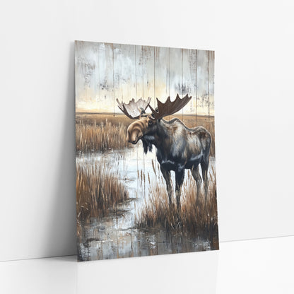 Side Profile Moose Wetland Rustic art print leaning against a white wall – bull moose with wide antlers standing in shallow