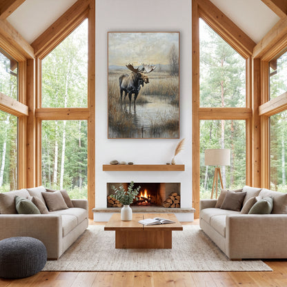 Moose in Marsh Western Landscape wall art in a rustic western-style room – bull moose with wide antlers standing