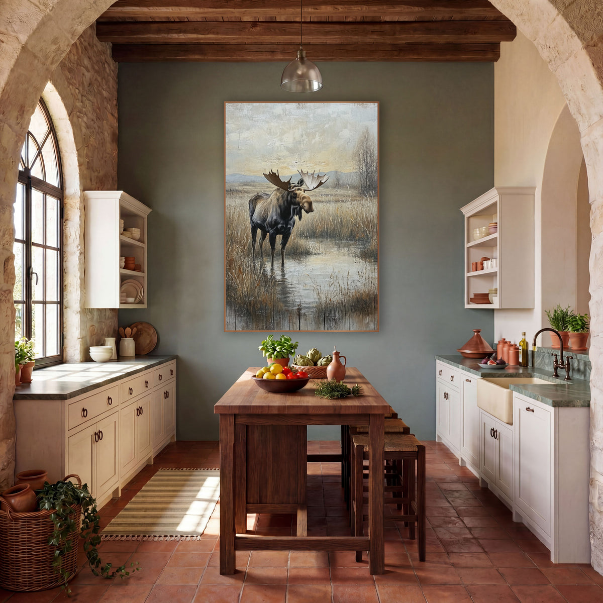 Moose in Marsh Western Landscape wall art in a rustic western-style room – bull moose with wide antlers standing