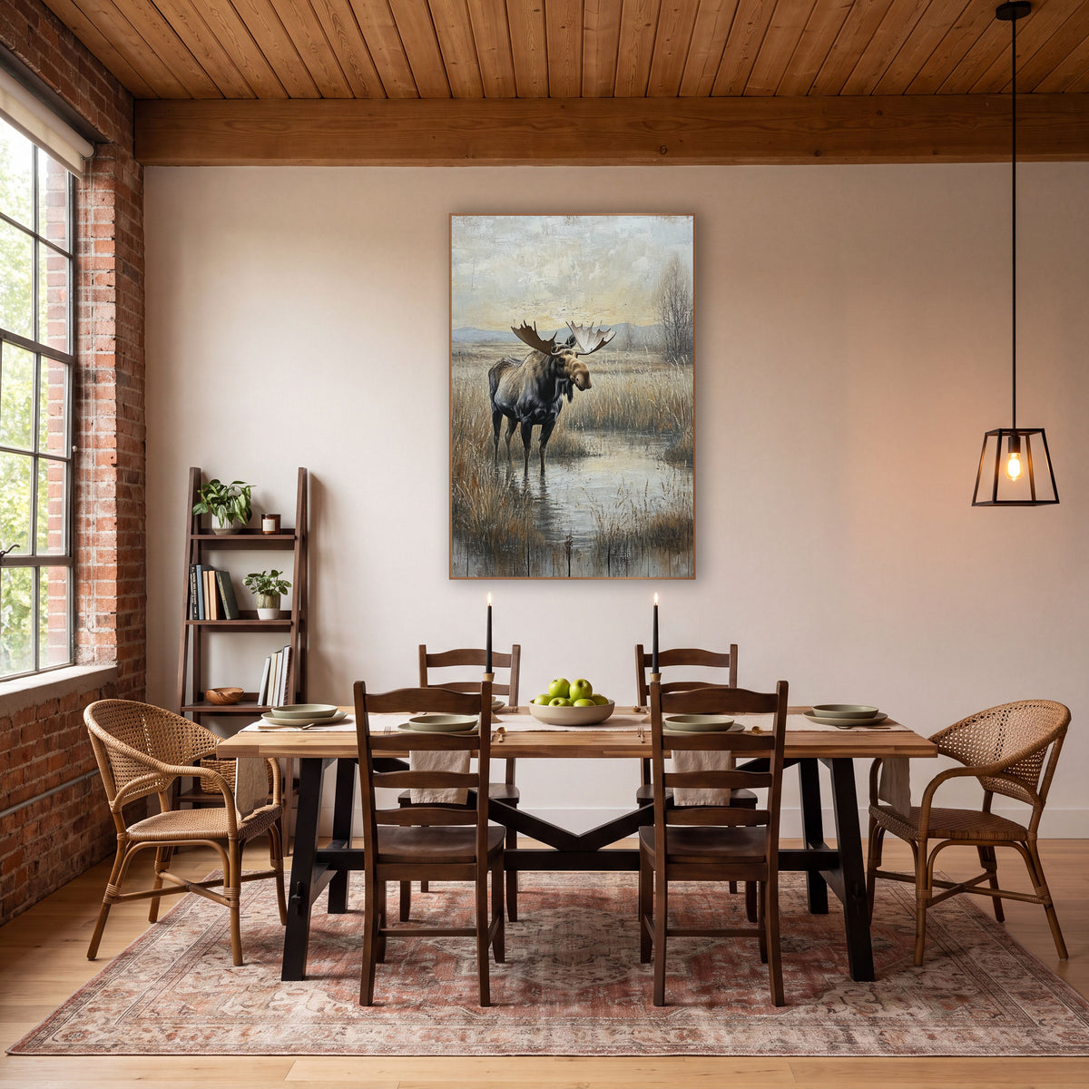 Moose in Marsh Western Landscape wall art in a rustic western-style room – bull moose with wide antlers standing