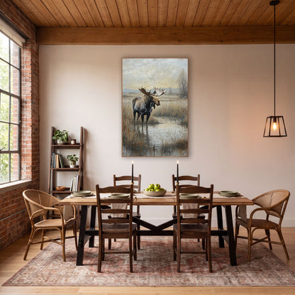 Moose in Marsh Western Landscape wall art in a rustic western-style room – bull moose with wide antlers standing