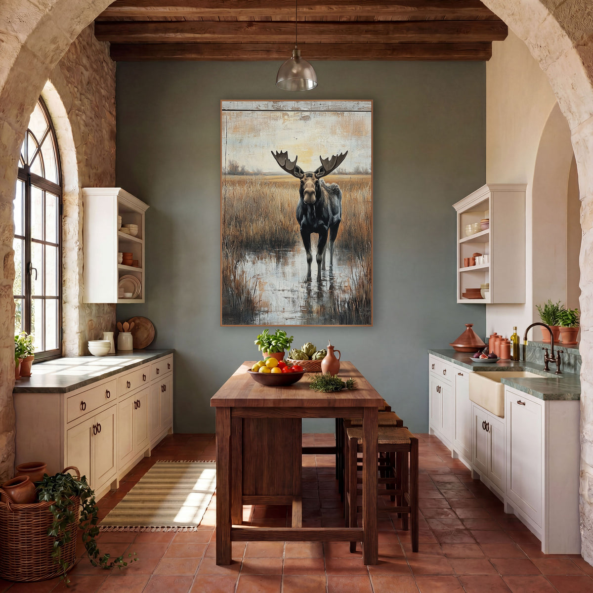 Front Facing Moose Golden Meadow wall art in a rustic western-style room – moose with wide antlers standing in shallow