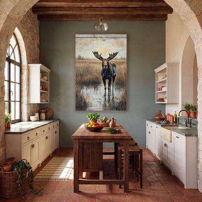 Front Facing Moose Golden Meadow wall art in a rustic western-style room – moose with wide antlers standing in shallow