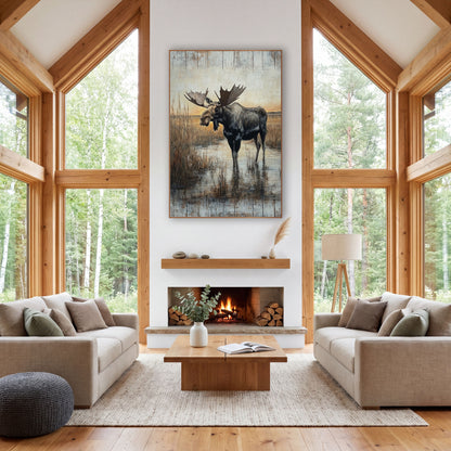 Bull Moose Marsh Western Landscape wall art in a rustic western-style room – bull moose with wide antlers standing
