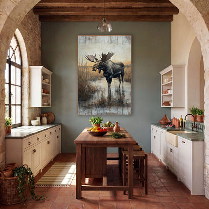 Bull Moose Marsh Western Landscape wall art in a rustic western-style room – bull moose with wide antlers standing