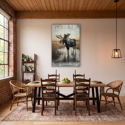 Bull Moose Marsh Western Landscape wall art in a rustic western-style room – bull moose with wide antlers standing